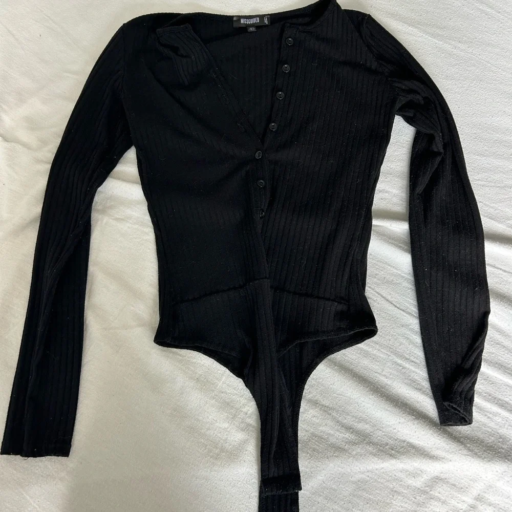 Black Button Down Long Sleeve Bodysuit - Picture 2 of 4
